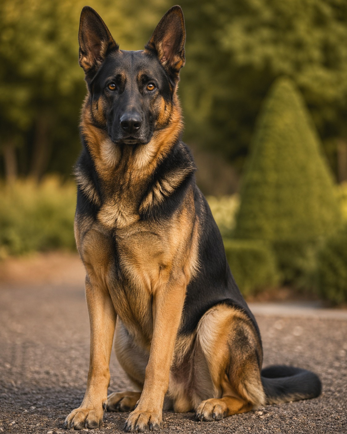 Cane, Tony Iavarone's male German Shepherd, standing on a path