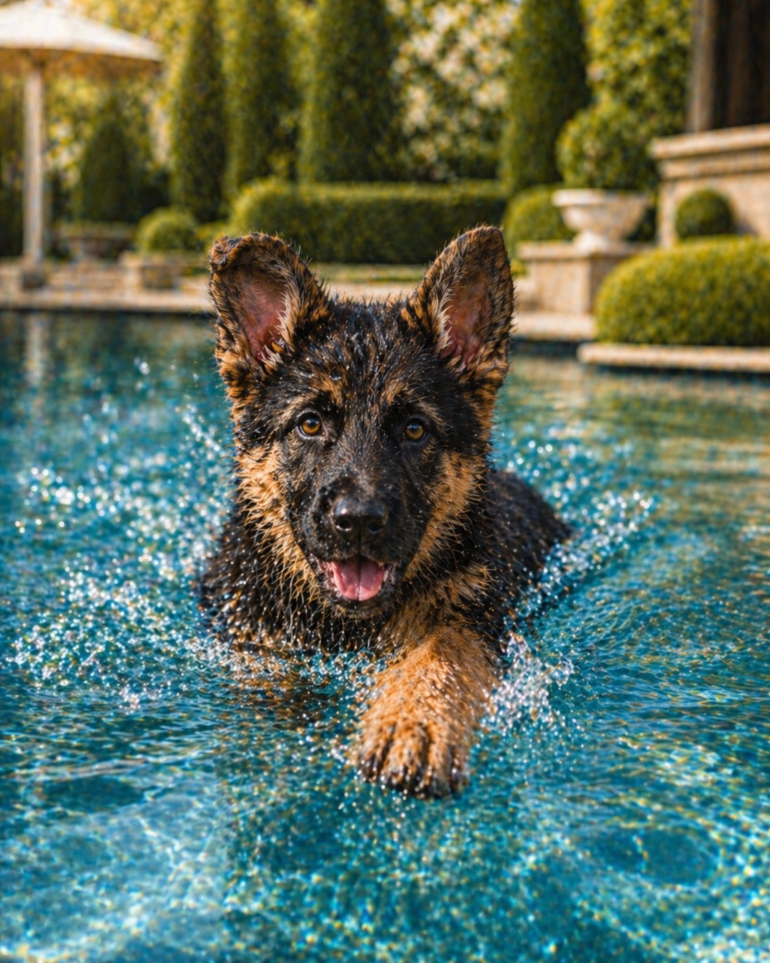 Cane as a German Shepherd puppy splashing in the pool