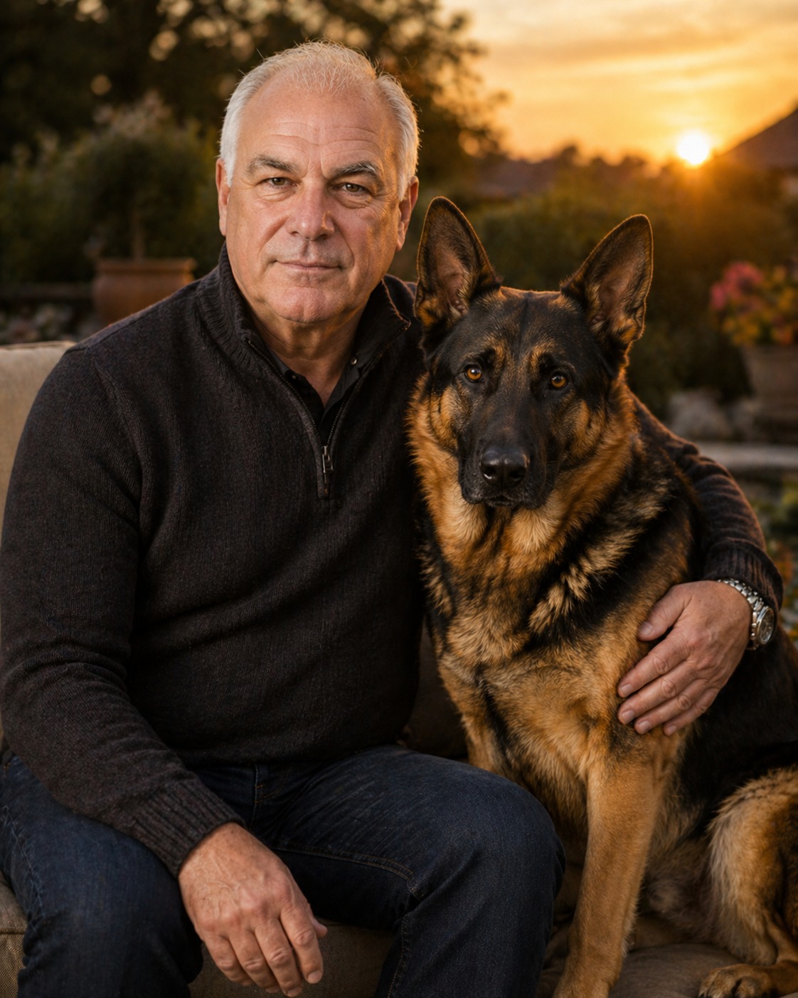 Tony Iavarone bonding with Cane the German Shepherd at golden hour