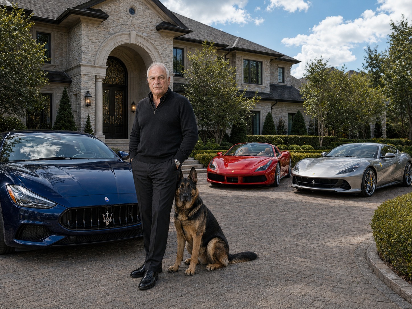 Tony Iavarone at his Hamilton Mountain estate with Italian luxury cars and Cane the German Shepherd
