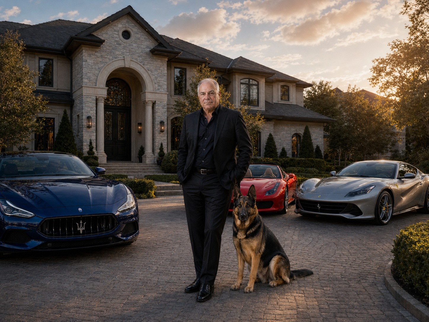 Tony Iavarone standing beside Italian luxury cars at sunset