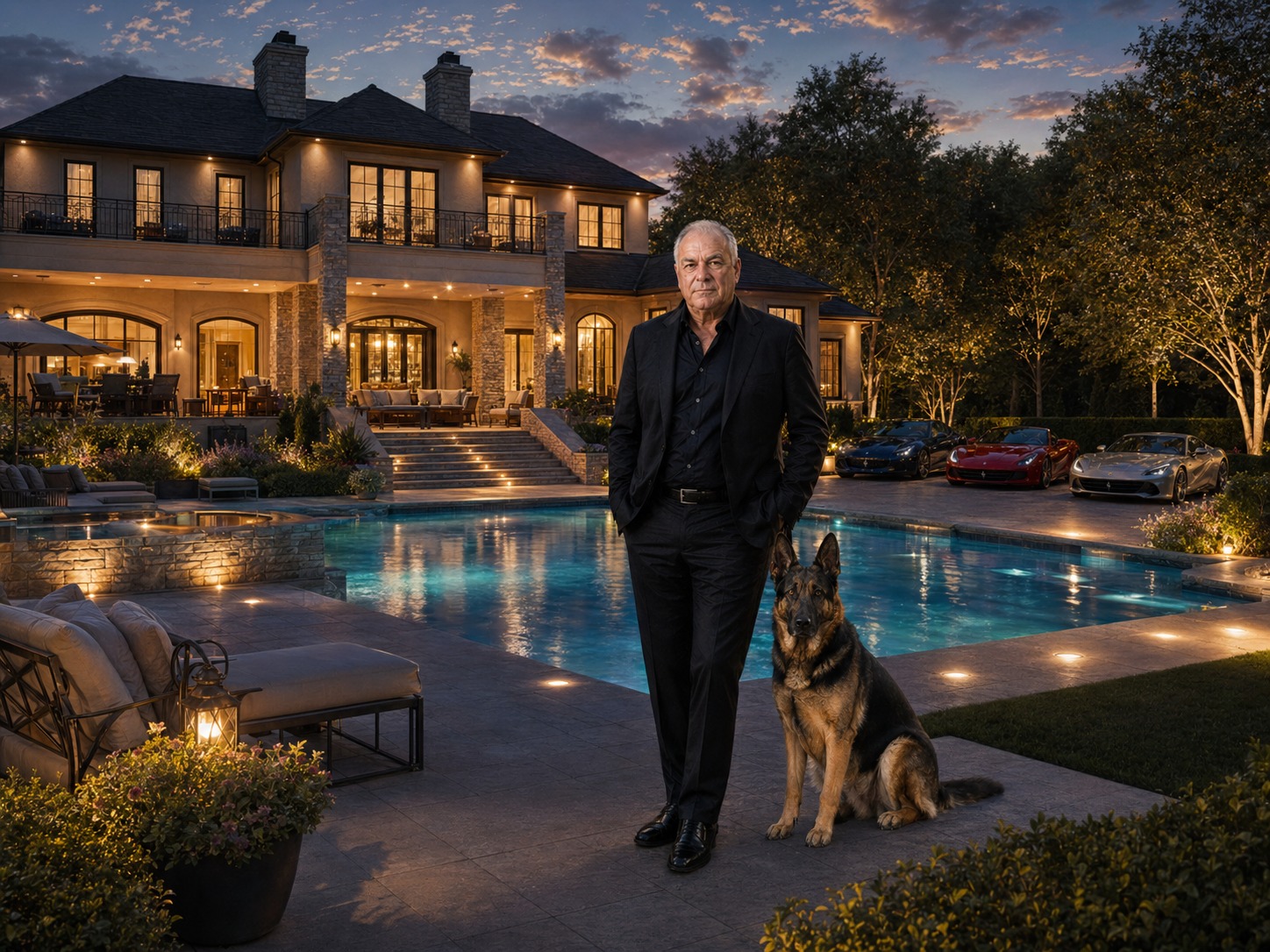Tony Iavarone's mansion at twilight with Cane the dog